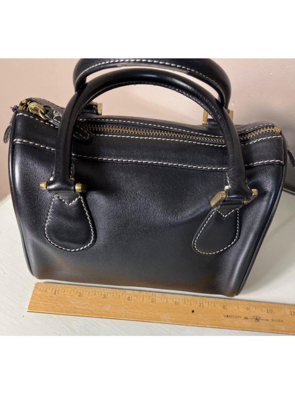 J Crew Leather Black Satchel Small 8.5x5 Top Handles Structured Roomy Bag Purse - Picture 5 of 16